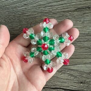 Vintage Handmade Beaded Festive Red and Green Snowflake Christmas Ornament